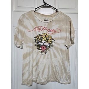 Ed Hardy T-shirt Womens Large Beige Tie Dye Graphic Print Short Sleeve Crew Neck